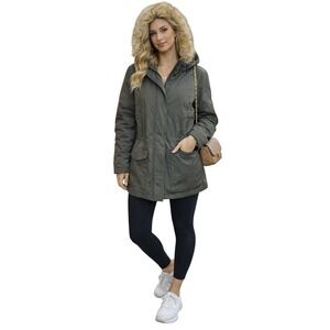 Levi's Sherpa Lined Utility Parka Jacket Olive Green Faux Fur Hood Size Large